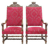 Antique Armchairs, Fauteuils, (2) French Henri II Style Carved Oak, Early 1900s - Old Europe Antique Home Furnishings