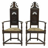 Antique Armchairs, French Breton Carved Oak Caquetoire, Pair, Set of Two, 1800s! - Old Europe Antique Home Furnishings