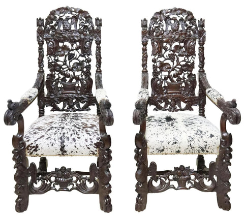 Antique Armchairs, Throne, Pair, Cowhide, Monumental Figural Carved, 1800s!! - Old Europe Antique Home Furnishings