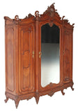Antique Armoire, Louis XV Style Carved, Walnut, Mirrored, 3 Door, Crest, 1800s! - Old Europe Antique Home Furnishings