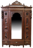 Antique Armoire, Triple, French Breton, Carved Oak, Mirrored, Early 1900s!! - Old Europe Antique Home Furnishings