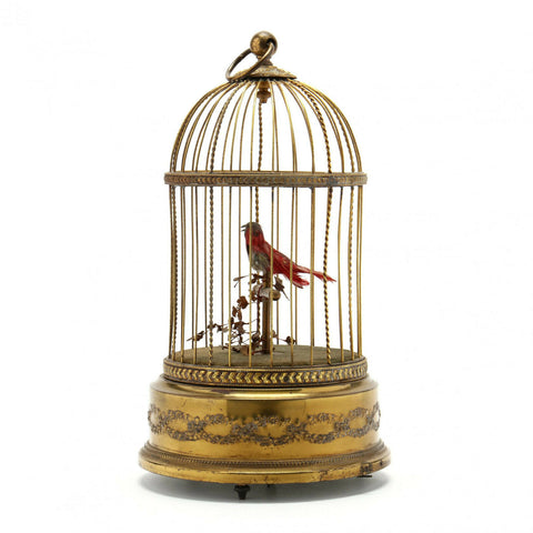 Charming Antique French Automaton, Bird in Cage Circa 1920, Gilt Brass Cage !! - Old Europe Antique Home Furnishings