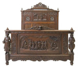 Antique Bed, French Breton, Figural & Foliate, Carved Oak, Spindled, E. 1900s!! - Old Europe Antique Home Furnishings