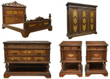 Antique Bedroom Set, Italian, Carved Walnut Renaissance Revival, Set of 5, 1900s - Old Europe Antique Home Furnishings