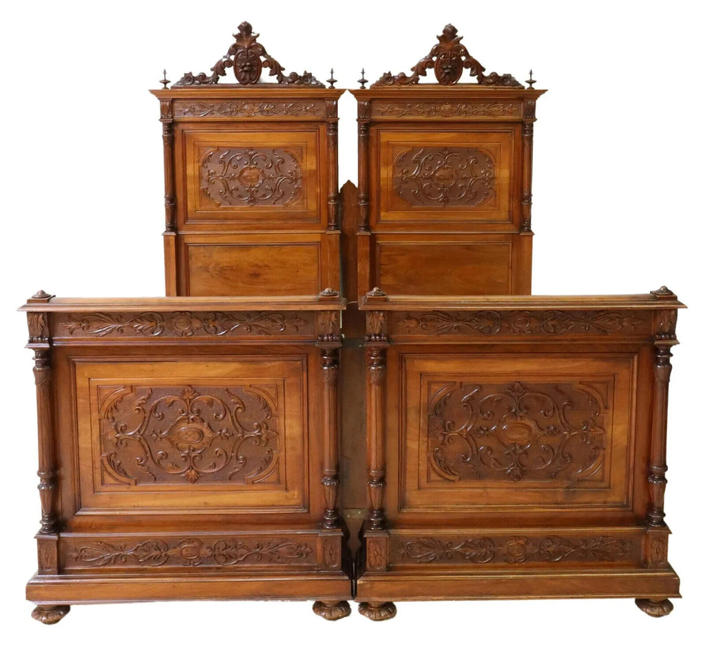 Antique Beds, Italian Renaissance Revival Carved Walnut, (2) Foliate