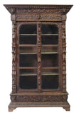 Antique Bookcase, French Renaissance Revival, Carved Oak , Scrolls, Masks, 1800s - Old Europe Antique Home Furnishings