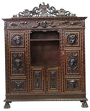 Antique Bookcase, Library Spanish Renaissance Revival, Crest, Mask, 1800s! - Old Europe Antique Home Furnishings