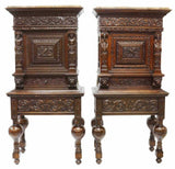 Antique Cabinets / Cupboards, Pair of Continental Carved Oak Court, Marble, 1800's!! - Old Europe Antique Home Furnishings