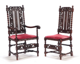 Antique Chairs, Dining, Sixteen, Carved Oak, In Jacobean, Red, Circa 1900s!! - Old Europe Antique Home Furnishings