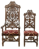 Antique Chairs, Highback, (2) Spanish, Highly Carved, Upholstered, 1800s! - Old Europe Antique Home Furnishings
