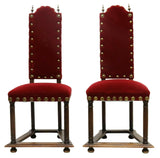 Antique Chairs, Red, Pair, (2) Continental Oak & Velvet Side Chairs, 1800's! - Old Europe Antique Home Furnishings