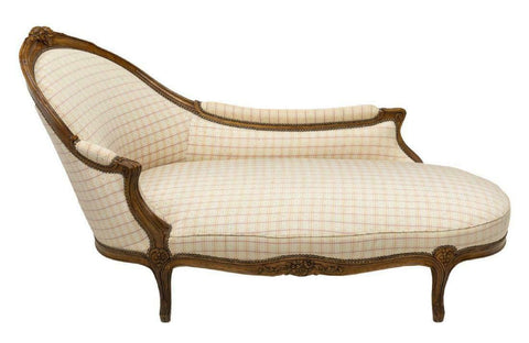 Antique Chaise, French Louis XV Style Upholstered Chaise Lounge, Cream Color!! - Old Europe Antique Home Furnishings