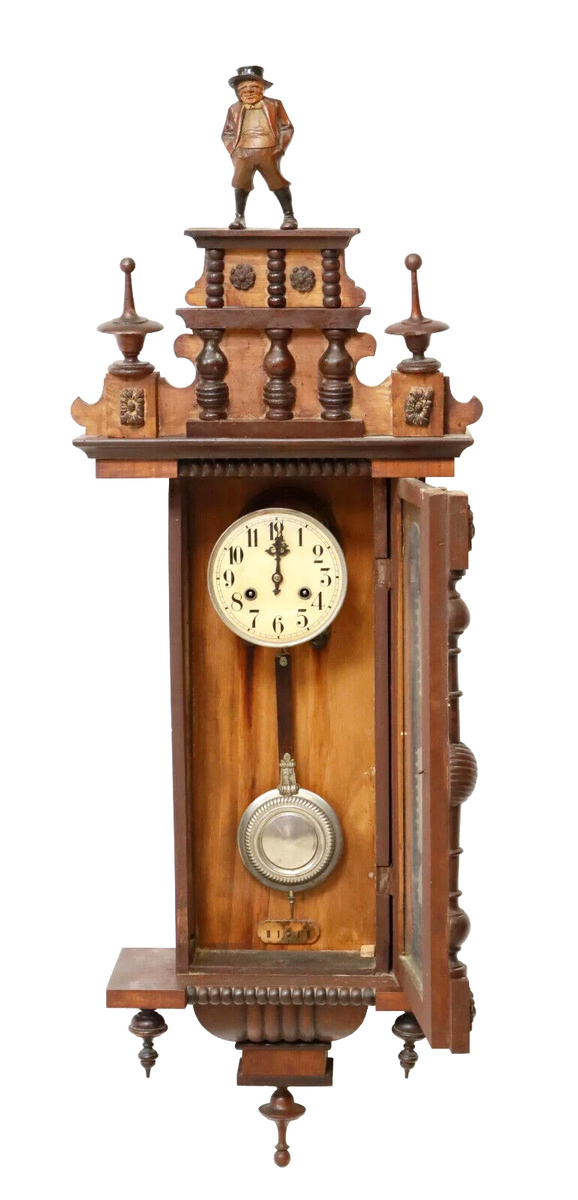 Antique Clock, Wall, German Regulator In Glazed Wood Case, Figural
