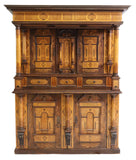 Antique Cupboard, Renaissance Revival, Inlaid Carved Oak, Shelves, Drawers, 1800 - Old Europe Antique Home Furnishings