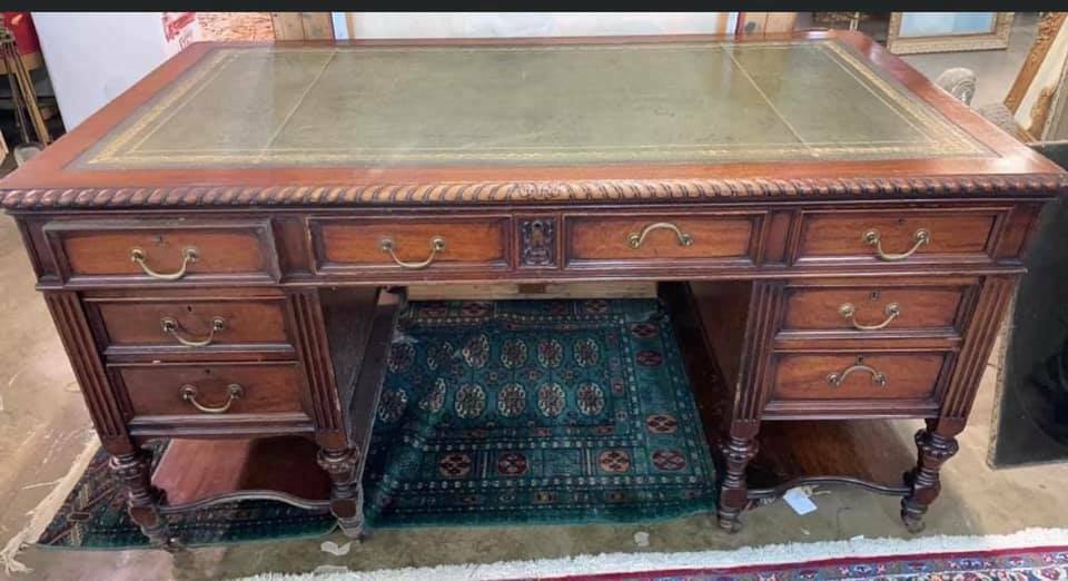 Antique Desk, Leather Top, Mahogany Hobbs & CO Lawyers Desk, Carved