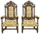 Antique Fauteuils, Chairs, French Louis XIII Style, Carved Oak, Upholstered, 1800s!! - Old Europe Antique Home Furnishings