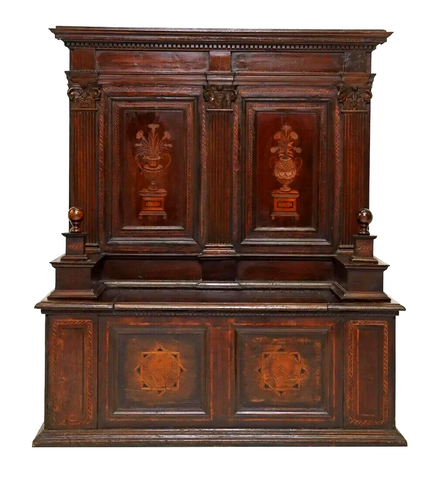 Antique Hall Bench, Cassapanca, Italian Marquetry, Fluted Pilasters, 1700's! - Old Europe Antique Home Furnishings