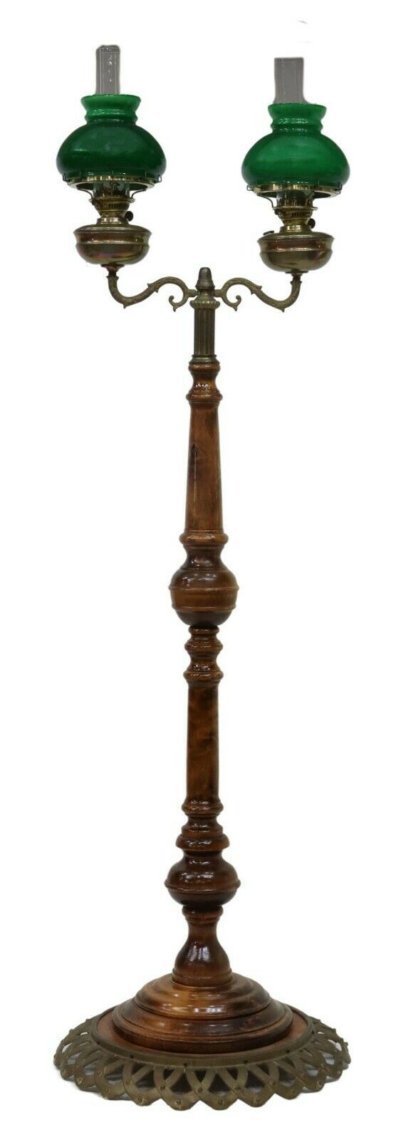 Antique Lamp English Double Kerosene Oil Floor Lamp Green Shades early 1900s Old Europe Antique Home Furnishings