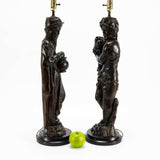 Antique Lamps, Carved Figural, Pair, Continental, Wood Sculpture, Shades, 1800's! - Old Europe Antique Home Furnishings