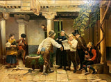Antique Oil Painting, European, after Jules Worms "BREAKING THE NEWS", Gold Frame! - Old Europe Antique Home Furnishings