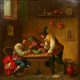 Antique Painting, Oil, Continental School, "Gambling at the Tavern", 19th C.! - Old Europe Antique Home Furnishings