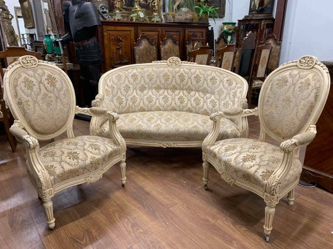 Antique Parlor Set, Sofa, Armchairs, (2)  Settee French Painted Upholstered!! - Old Europe Antique Home Furnishings