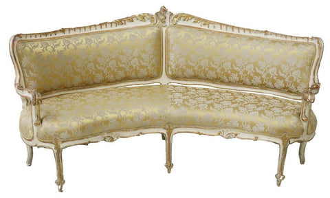 Antique Settee, Corner, Rare, Curved, French Louis XV Style, Parcel Gilt, 1800's - Old Europe Antique Home Furnishings