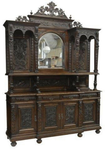 Antique Sideboard, With Mirror, French Renaissance Revival Carved Walnut, 19th C - Old Europe Antique Home Furnishings