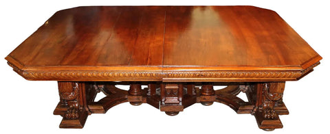 Antique Table, Dining, Massive French Renaissance Revival, Carved Walnut, 1800s! - Old Europe Antique Home Furnishings