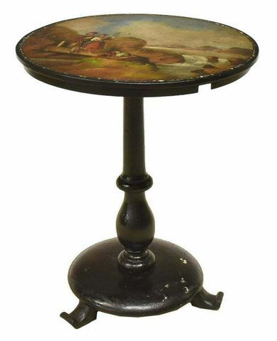 Antique Table,Tilt-Top, English Scenic Painted Lacquered, 19th Century ( 1800s ) - Old Europe Antique Home Furnishings