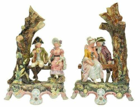 Antique Vases, Pair, Majolical Continental Figural Spill Vases, 19th C. 1800's! - Old Europe Antique Home Furnishings