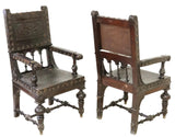 Antique Armchairs, (3) Spanish Renaissance Revival Leather, Nail Head Trim 1800s - Old Europe Antique Home Furnishings