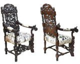 Antique Armchairs, Throne, Pair, Cowhide, Monumental Figural Carved, 1800s!! - Old Europe Antique Home Furnishings