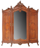 Antique Armoire, Louis XV Style Carved, Walnut, Mirrored, 3 Door, Crest, 1800s! - Old Europe Antique Home Furnishings