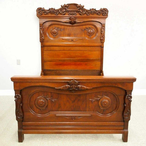 Antique Bed, American Victorian Period Walnut High-Back Bed, 1800's, Handsome! - Old Europe Antique Home Furnishings