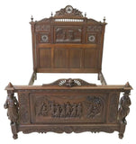 Antique Bed, French Breton, Figural & Foliate, Carved Oak, Spindled, E. 1900s!! - Old Europe Antique Home Furnishings
