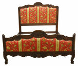 Antique Bed, French Louis XV Style Upholstered Oak Bed, Red and Gold, 1900's!! - Old Europe Antique Home Furnishings