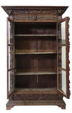 Antique Bookcase, French Renaissance Revival, Carved Oak , Scrolls, Masks, 1800s - Old Europe Antique Home Furnishings