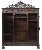 Antique Bookcase, Library Spanish Renaissance Revival, Crest, Mask, 1800s! - Old Europe Antique Home Furnishings