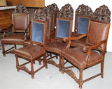 Antique Chairs, French, Set of 12, Carved Walnut, Leather, Fabric, Side, Arm!! - Old Europe Antique Home Furnishings