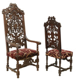 Antique Chairs, Highback, (2) Spanish, Highly Carved, Upholstered, 1800s! - Old Europe Antique Home Furnishings