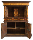 Antique Cupboard, Renaissance Revival, Inlaid Carved Oak, Shelves, Drawers, 1800 - Old Europe Antique Home Furnishings