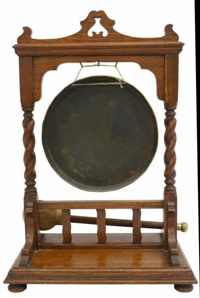 Antique Gong, English Oak & Brass TableTop Dinner Gong, Early 1900s