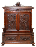Antique Hall Bench, Italian Renaissance Revival, Carved Wood, Lion Masks, 1800s! - Old Europe Antique Home Furnishings
