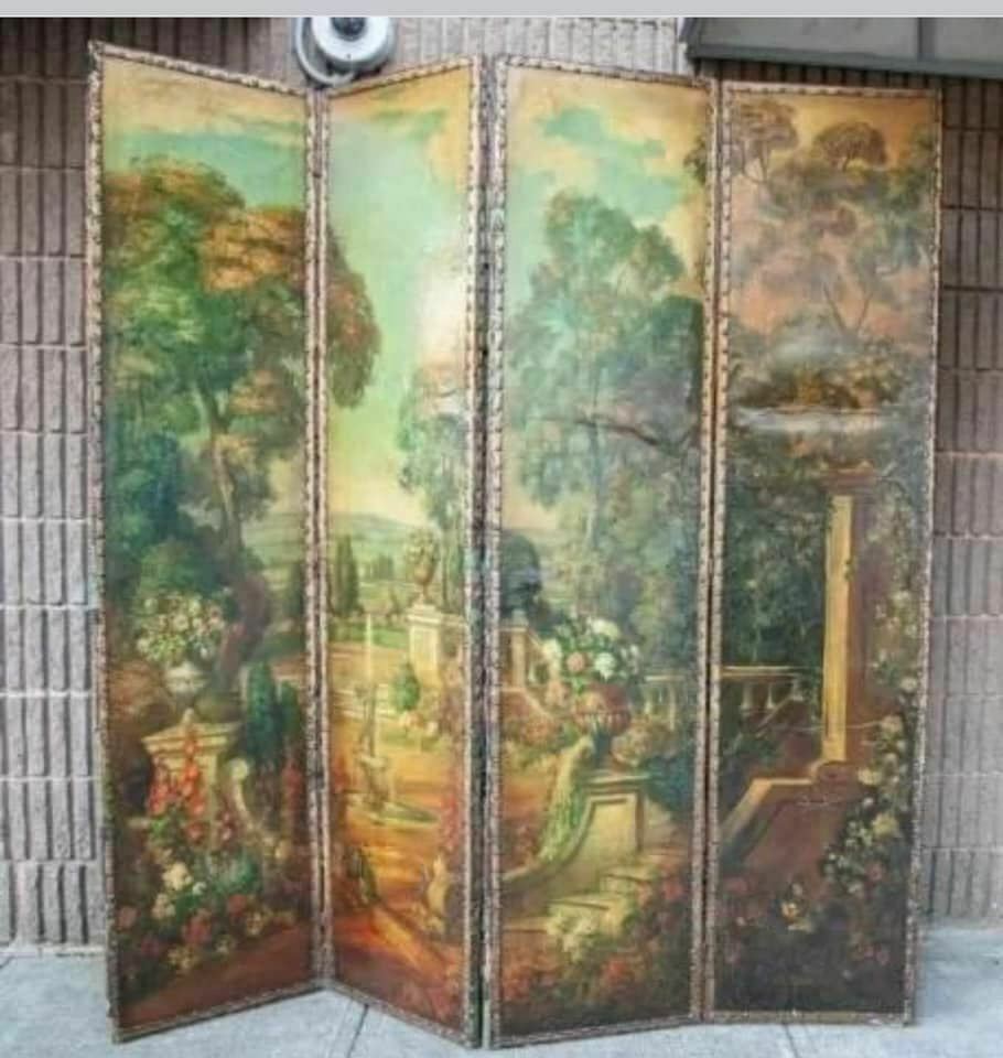 Antique Room Divider / Screen, Dressing, Folding, Victorian Oil Painted, 1800's! Old Europe