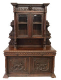 Antique Sideboard, Bookcase, French, Carved Oak, Hunt, Glass, Birds, 1800s!! - Old Europe Antique Home Furnishings