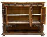Antique Sideboard, French Renaissance Revival Marble-Top, Shelves, Drawers, 1900 - Old Europe Antique Home Furnishings