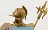 Antique Swiss Coat of Arms Desk Clock, Brass Frame, Halberds, Shield, 1900's!! - Old Europe Antique Home Furnishings