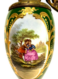 Antique Urns, French, Porcelain and Bronze, Green, Gold, Pair, Courting Scene! - Old Europe Antique Home Furnishings