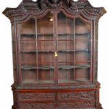 Antique Bookcase, Ornate Highly Carved Wooden Bookcase W / Glass Doors, 1800's - Old Europe Antique Home Furnishings